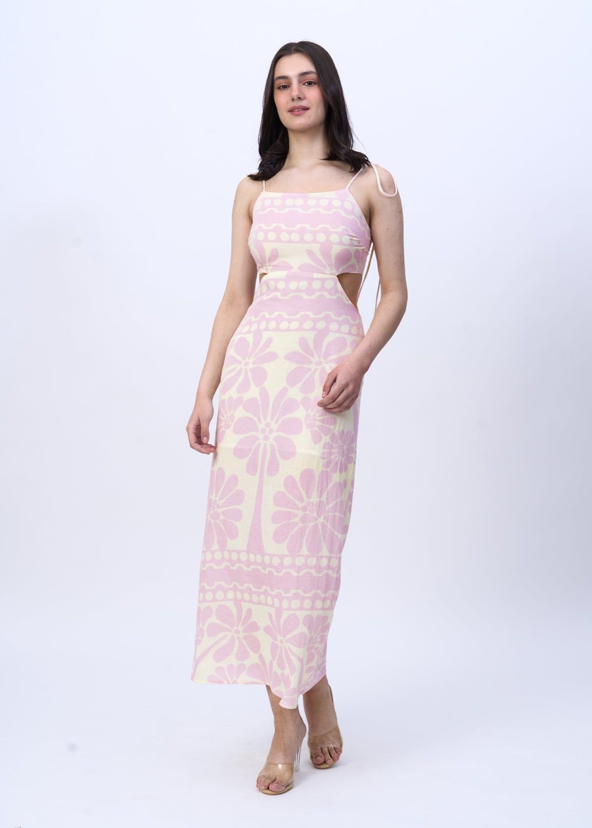 Bloom (tropical print spaghetti midi dress)-pink / XS