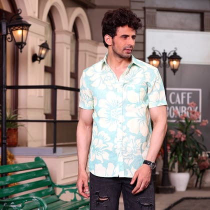 Hibiscus Print Artic Blue Casual Pure Linen Half Shirt (Size - S) by BLUE EAGLE