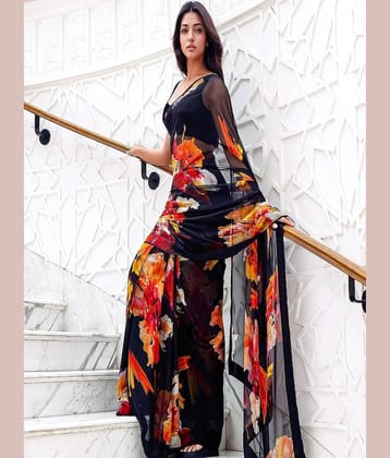 BLEESBURY Georgette Printed Saree With Unstitched Blouse Piece ( Black )