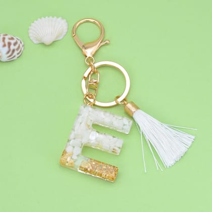White & Golden Alphabet Resin Keychain - Single Piece-E