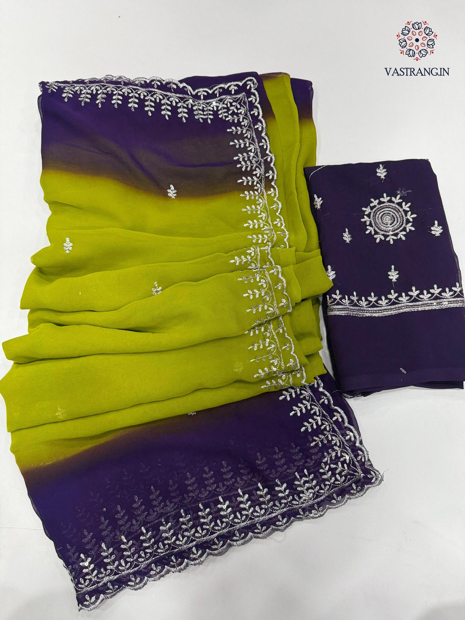New Perrot n Purple Pedding Color Soft Chiffon Silk Sequence Embroidered n Cut Work Fancy Designer Partywear Saree