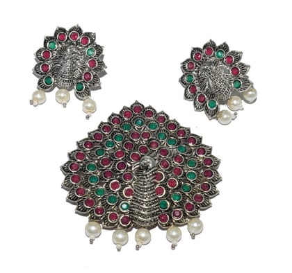 German Silver Metal Oxidized Stone Pendant With Earrings Set For Girls & Woman , MFP-022-Per Pcs