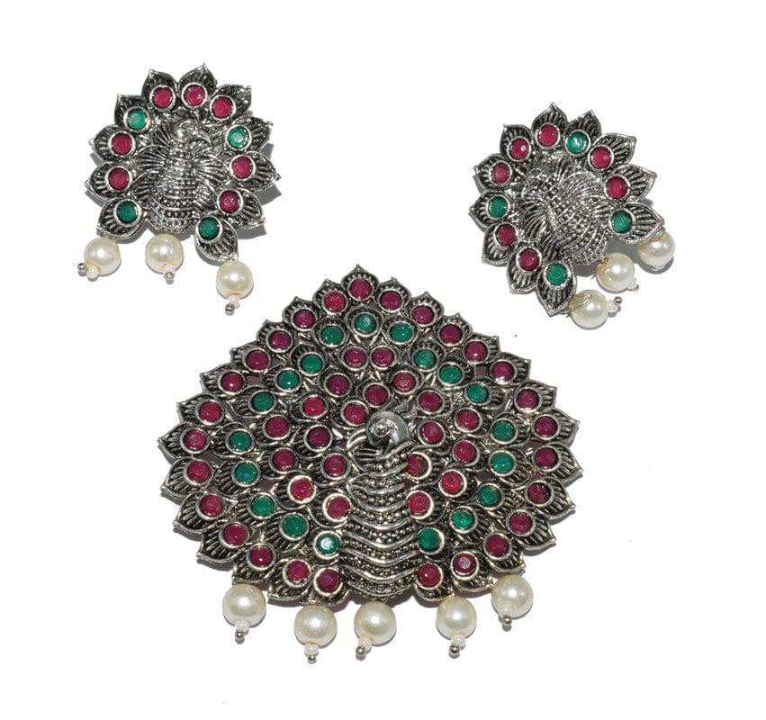 German Silver Metal Oxidized Stone Pendant With Earrings Set For Girls & Woman , MFP-022-Per Pcs