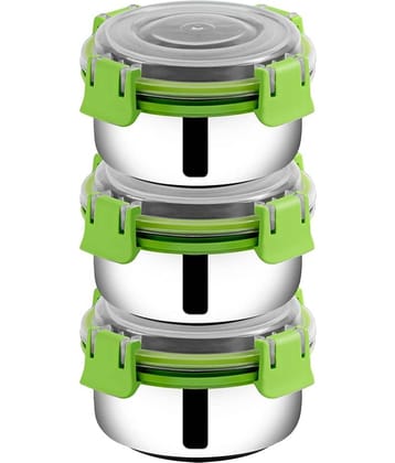BOWLMAN Smart Clip Lock Premium Steel Green Food Container ( Set of 3 - 350mL each )