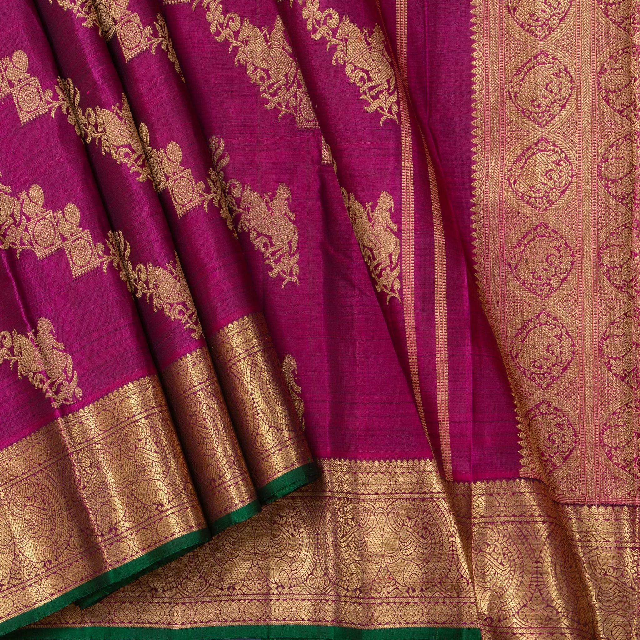 Magenta Kanchipuram Silk Saree With Green Selvedge For Bridal Wear PV NYC 1136