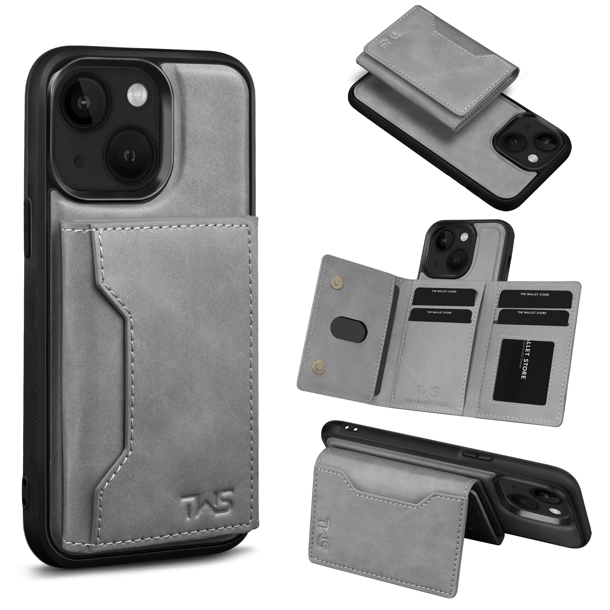 The Wallet Store Premium Leather iPhone Case Cover With Detachable Cardholder - Grey - iPhone 15 Plus