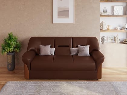 Parto Plus 3 Seater Synthetic Leather Sofa (1 Year Warranty, Pinewood, Tan Brown)