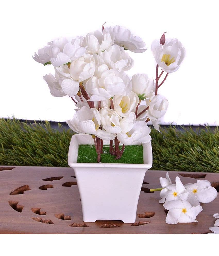 PINDIA - White Blossom Artificial Flowers With Pot ( Pack of 1 )