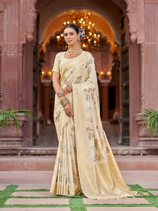 Cream Soft Silk Floral Butti Pashmina Zari Jacquard Work Designer Saree