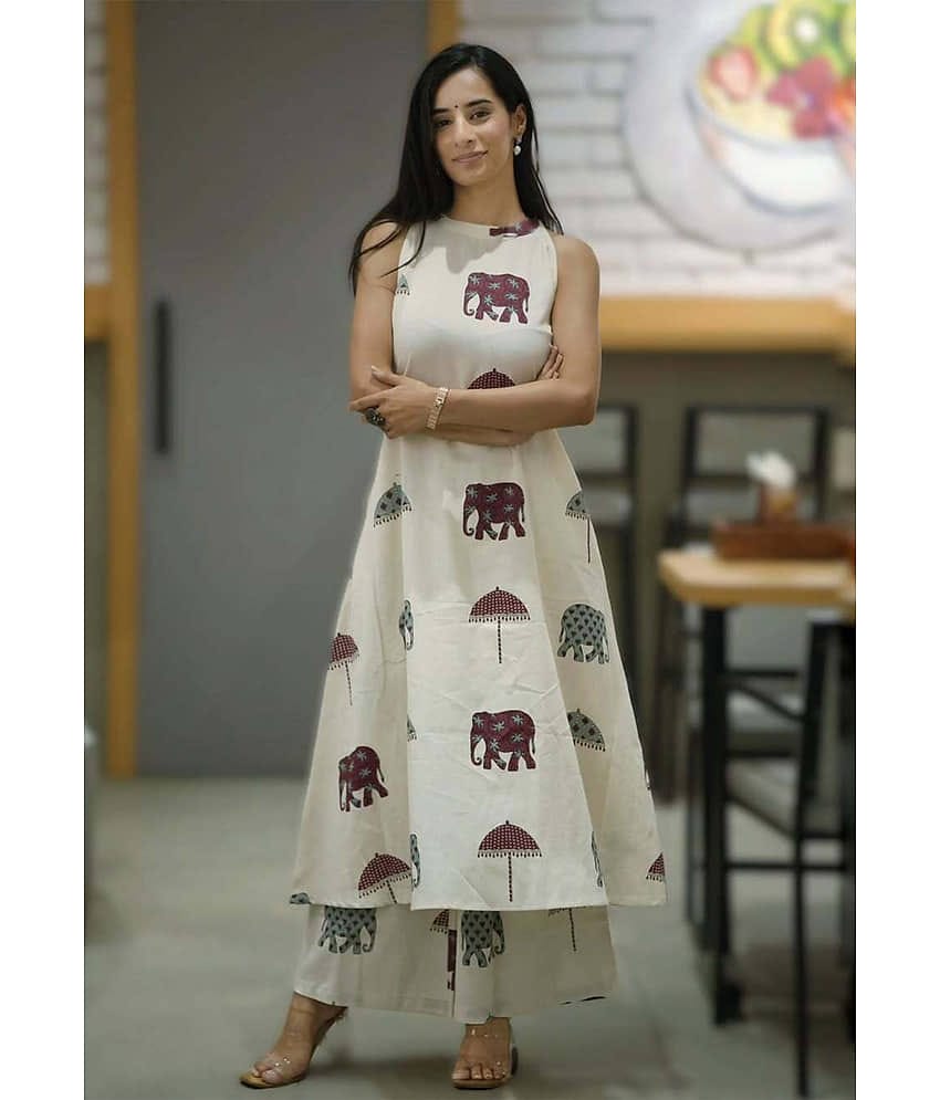 Nirja Fab Women Cotton Blend Printed A-line Kurti With Pants ( Off White )