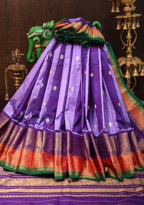 Blue and Lilac Kanjivaram Pure Silk Saree with Checks and two-tone Border | SILK MARK CERTIFIED