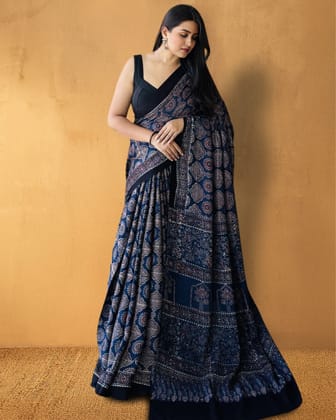 Heritage Hues  Ethnic Modal Silk Ajrakh Saree Blue