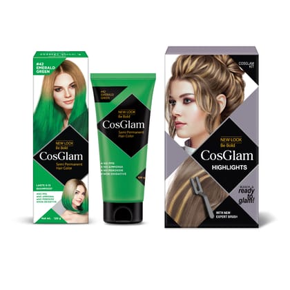 COSGLAM Semi Permanent Hair Color Emerald Green 120g and Hair Highlighter Kit 115g, Highlights Hair Dye