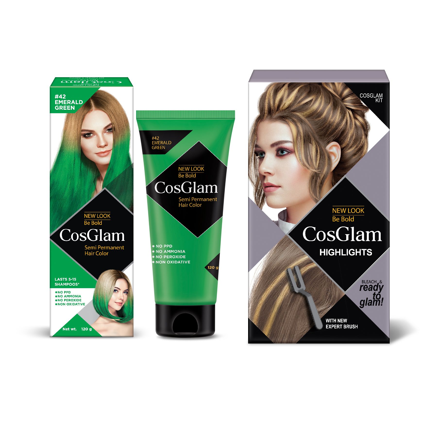 COSGLAM Semi Permanent Hair Color Emerald Green 120g and Hair Highlighter Kit 115g, Highlights Hair Dye