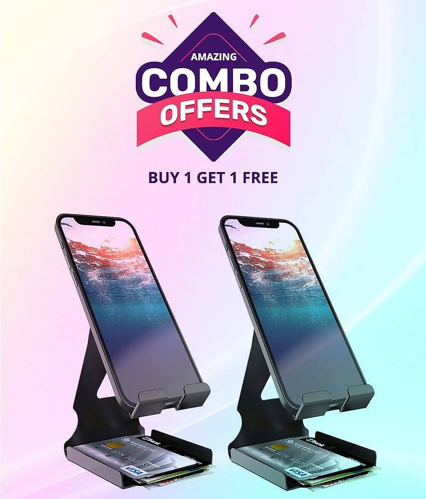 Elv Universal Mobile Phone Stand Holder Mount with Inbuilt Cable Organiser and Card Holder - Black (PACK OF 2)