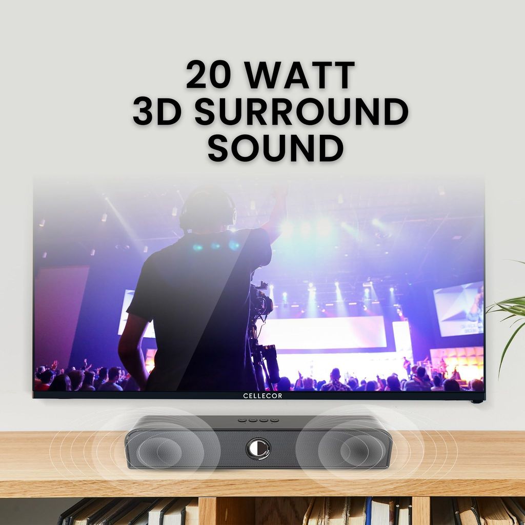 CELLECOR CLB10 20W Bluetooth Soundbar with 3D Surround Sound |Bluetooth 5.2v | FM Radio | Multiple Connectivity | Black