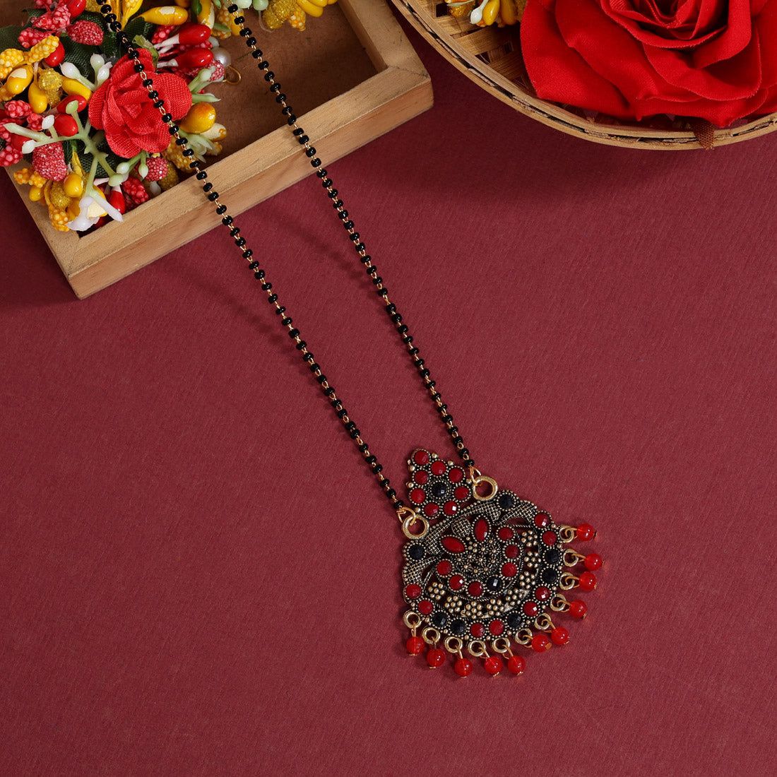 Red Color Mangalsutra (MS295RED)-Length: 44.00 CM x Width: 0.20 CM / Red / Alloy With Good Quality Gold Plated