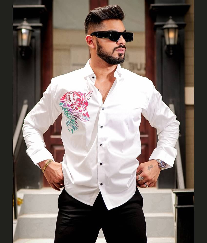 IQIVLI Cotton Blend Regular Fit Self Design Full Sleeves Men's Casual Shirt - White ( Pack of 1 )
