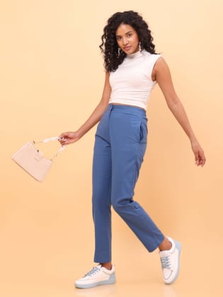 Blue Straight Cotton Pants-XS