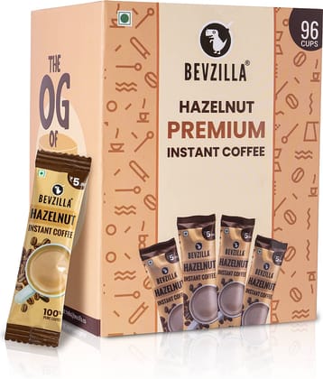 Bevzilla 96 Instant Coffee Powder Sachets (Hazelnut) - 192 Grams| Hot & Cold Coffee| Makes 96 Cups| 100 % Arabica | Premium
