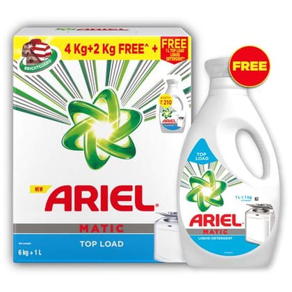 Ariel Matic Laundry Detergent Powder - Top Load, 6 Kg, Get 1 L Matic Liquid Free
