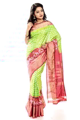 Light Green Ikkat Silk Saree with Red Border