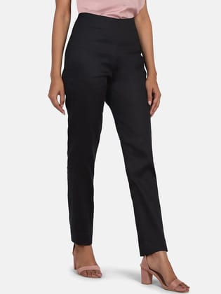 Mid Waist Stretch Cotton Slim Fit Trouser - Black-3XL