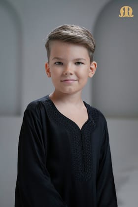 Tiznit Black Moroccan Thobe For Boys-B1