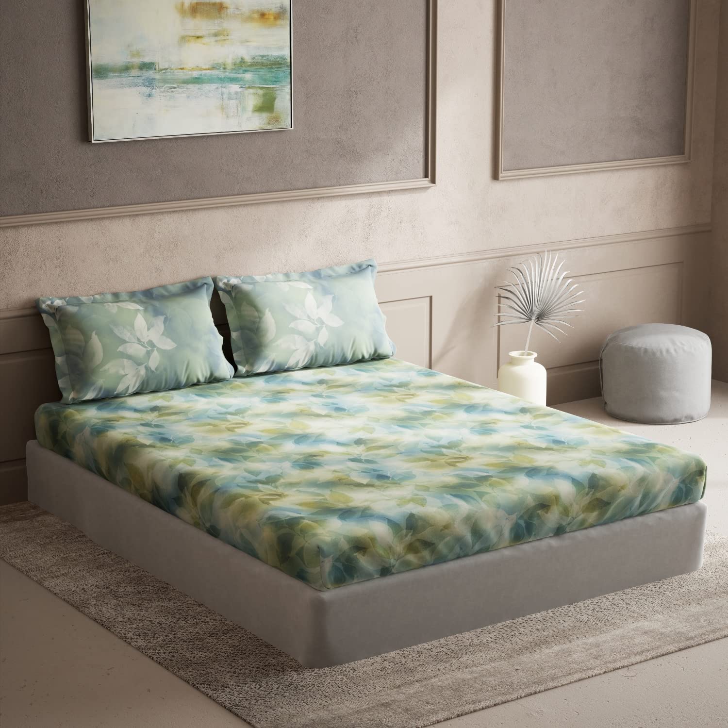 DDECOR - Memento Collection 100% Cotton Leaves Pattern 136TC King Bedsheet |229 CM X 274 CM| Green