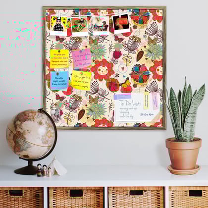 Floral Pattern D1 Bulletin Board Notice Pin Board Soft Board | Framed-Antique Gold Frame / 12 x 12 inch (30 x 30 cms)