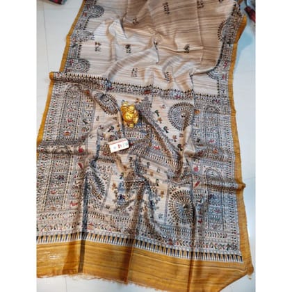 Silkmark Tussar Shining Madhubani Biege & Yellow Saree