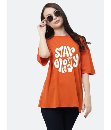 Leotude Women Cotton Blend Printed Oversized Fit Round Neck T-Shirt ( Orange )
