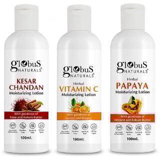 Globus Naturals Body Lotion Combo Set of 3 Kesar Chandan Vitamin C  Papaya Body Lotion For NonGreasy Lightweight Body Moisturizer for Women  Men  All Skin Types
