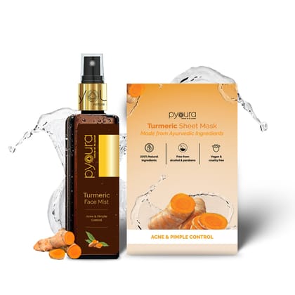 Turmeric Face Mist Toner for Acne & Dark Spots (100ml) + Face Sheet Mask (23g)<h4>Brightening & Hydrating, Glowing Skin, Light-Feel Serum<h4> <h6> Both products are 100% vegan, cruelty-free & fre