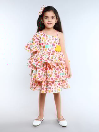 One Shoulder Heart Layered Cotton Dress With Matching Clip -Yellow-1-2Y / Yellow