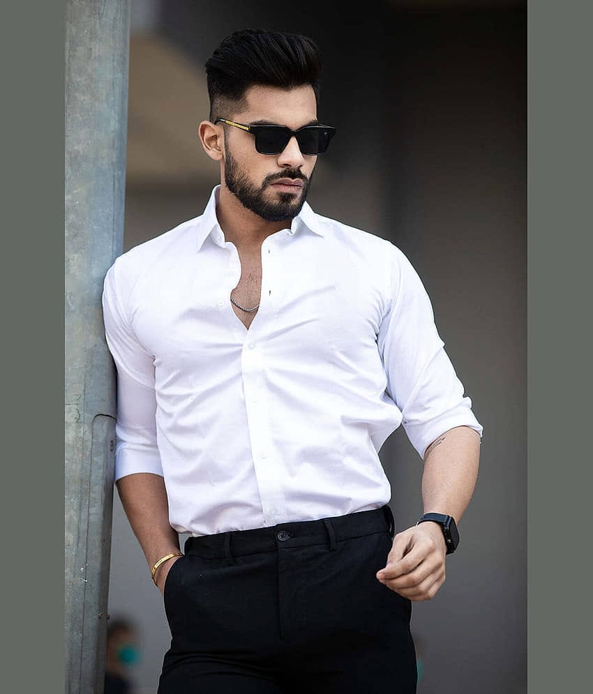 Eviqe Cotton Blend Regular Fit Solids Full Sleeves Men's Casual Shirt - White ( Pack of 1 )