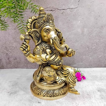 Brass Super Fine Ganesha Idol - 11 inch Height | Auspicious Brass Ganesha Sculpture for Pooja