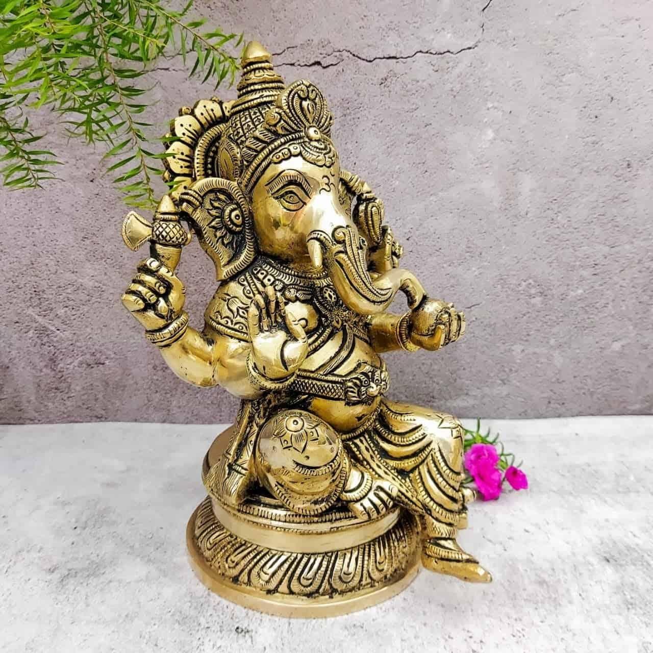 Brass Super Fine Ganesha Idol - 11 inch Height | Auspicious Brass Ganesha Sculpture for Pooja
