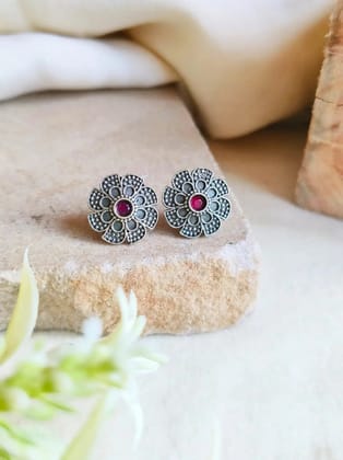 Oxidised Silver Floral Stud Earrings for Daily Wear | Sarichka-Red