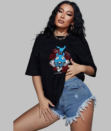 Leotude Women Cotton Blend Printed Oversized Fit Round Neck T-Shirt ( Black )