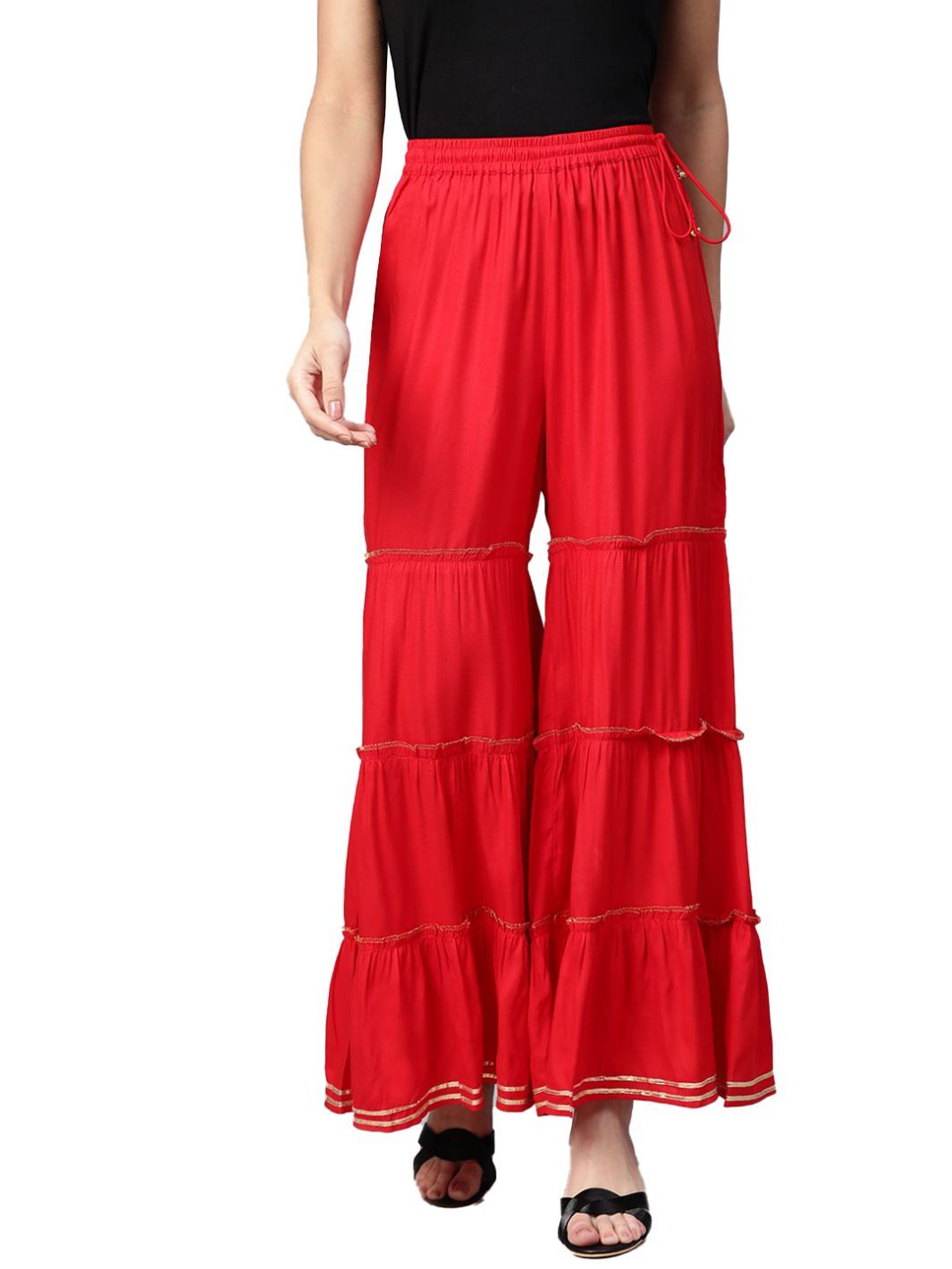 Womens Casual Solid Rayon Sharara Size L (Red)