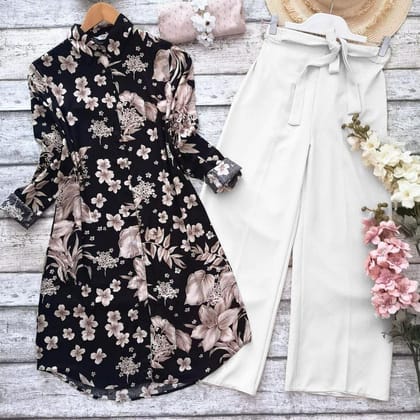Elegant Peach Floral Kurti & Stretchable Palazzo Set in Black by GlamaStitch-M