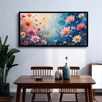 Luminary Blossom Reverie – Pastel Wildflower Dance Museum-Quality Cotton Canvas Art for Dining Room Décor | Frame Size (127 X 69 Cm) | Frame Type (Black) | 5-Year Warranty