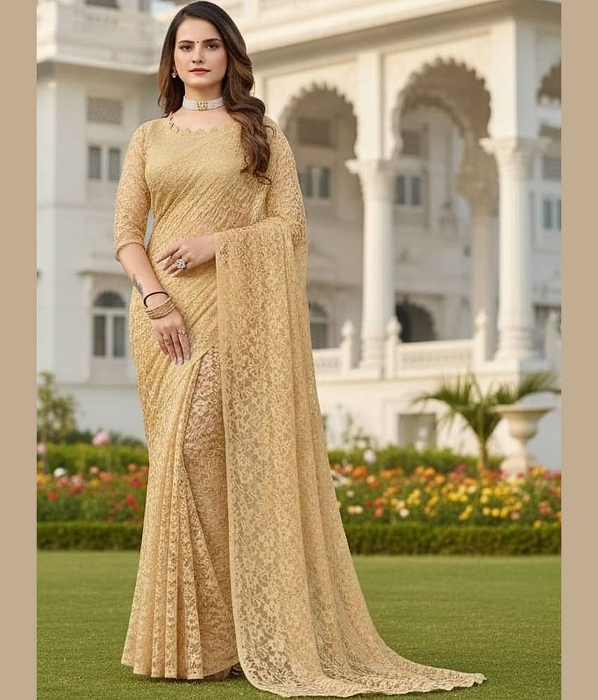 Vkaran Net Woven Regular Saree With Unstitched Blouse Piece ( Gold )