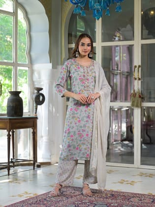 Light Grey Floral Print Muslin Kurta Trouser with Dupatta-S
