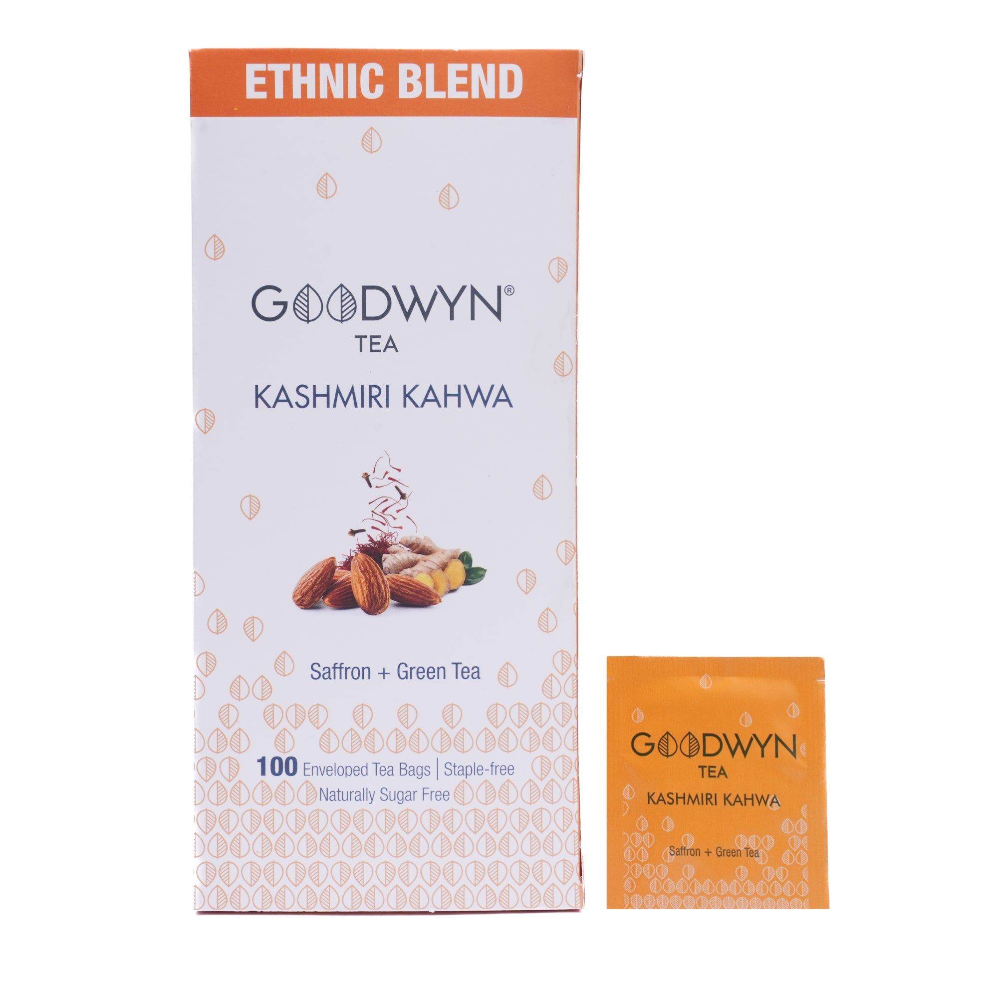 Goodwyn Kashmiri Kahwa Detox Green Tea (100 Tea Bags) | Herbal Qawah with Saffron, Almonds & Spices | 100% Natural | Plastic-Free | Low Caffeine | Non-Bitter | Rich in Antioxidants