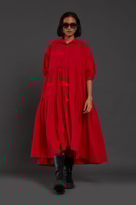 Red Tiered Shirt Dress-XS