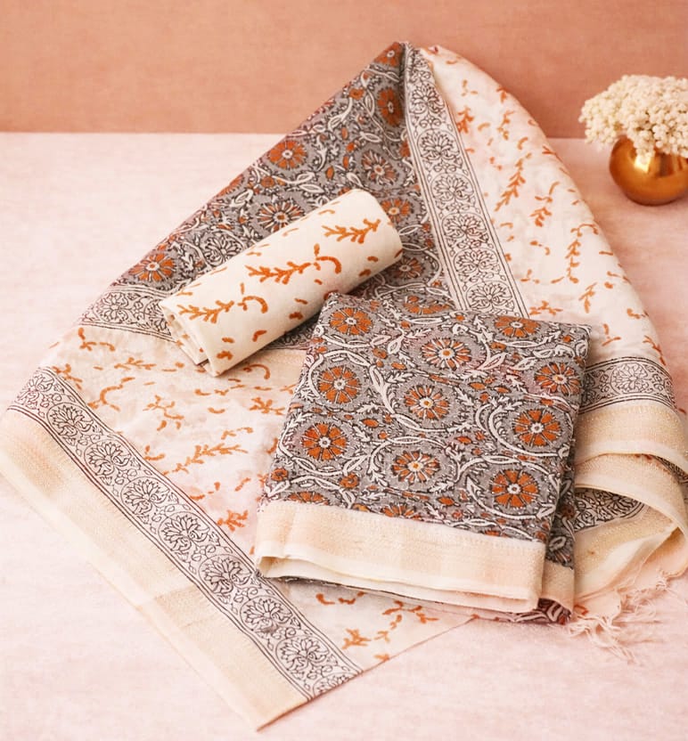 Block Print Kalamkari Maheshwari Unstitched Suit Set – Traditional Medallion Motif (3 Piece)