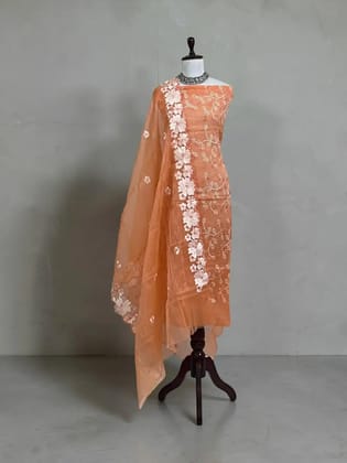 Peach Kota Doria Cotton-Silk Dress Material with Hand-Embroidered Dupatta