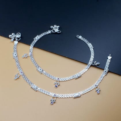 Indian Boho Look Real Silver Pink White CZ Women Anklets Ankle Pair 10.3"